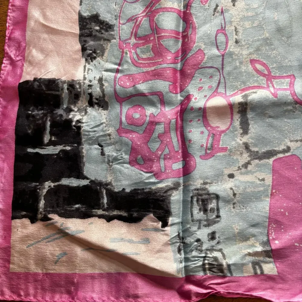 Satin Finish Silk scarf neckerchief square in pink blue modern abstract art look